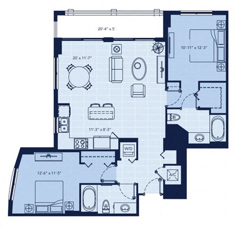 Floor plan for 2 beds, 2 baths, 1095 sqft